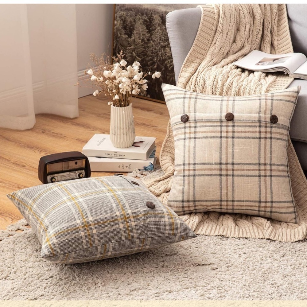 Farmhouse Plaid Linen Grey Tan Cream Striped Button Throw Pillow Decor Cover - Picture 2 of 6